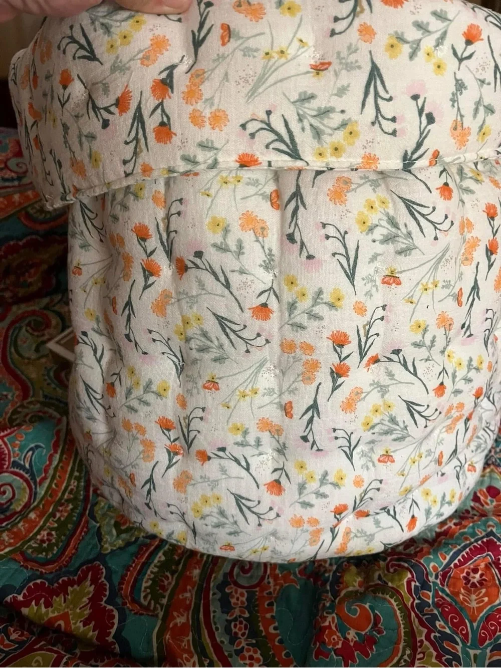 Floral Cotton Pillow Cover in White with Yellow & Orange Blooms